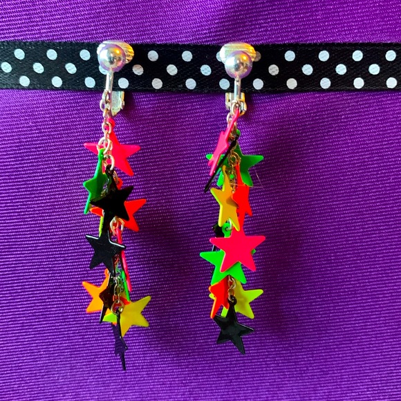 Clip On Colorful Stars Dangly Earrings - Picture 2 of 3